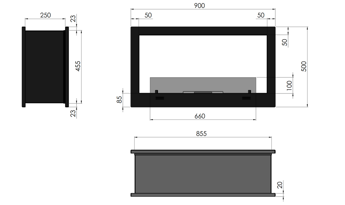 Åben 2-Sidet Indbygnings Biopejs 90 cm i sort med 2 glassider - Stregtegning