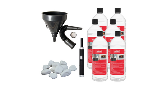 Startpakke med bioethanol, påfyldningstragt, dekorationssten og opladelig ligther